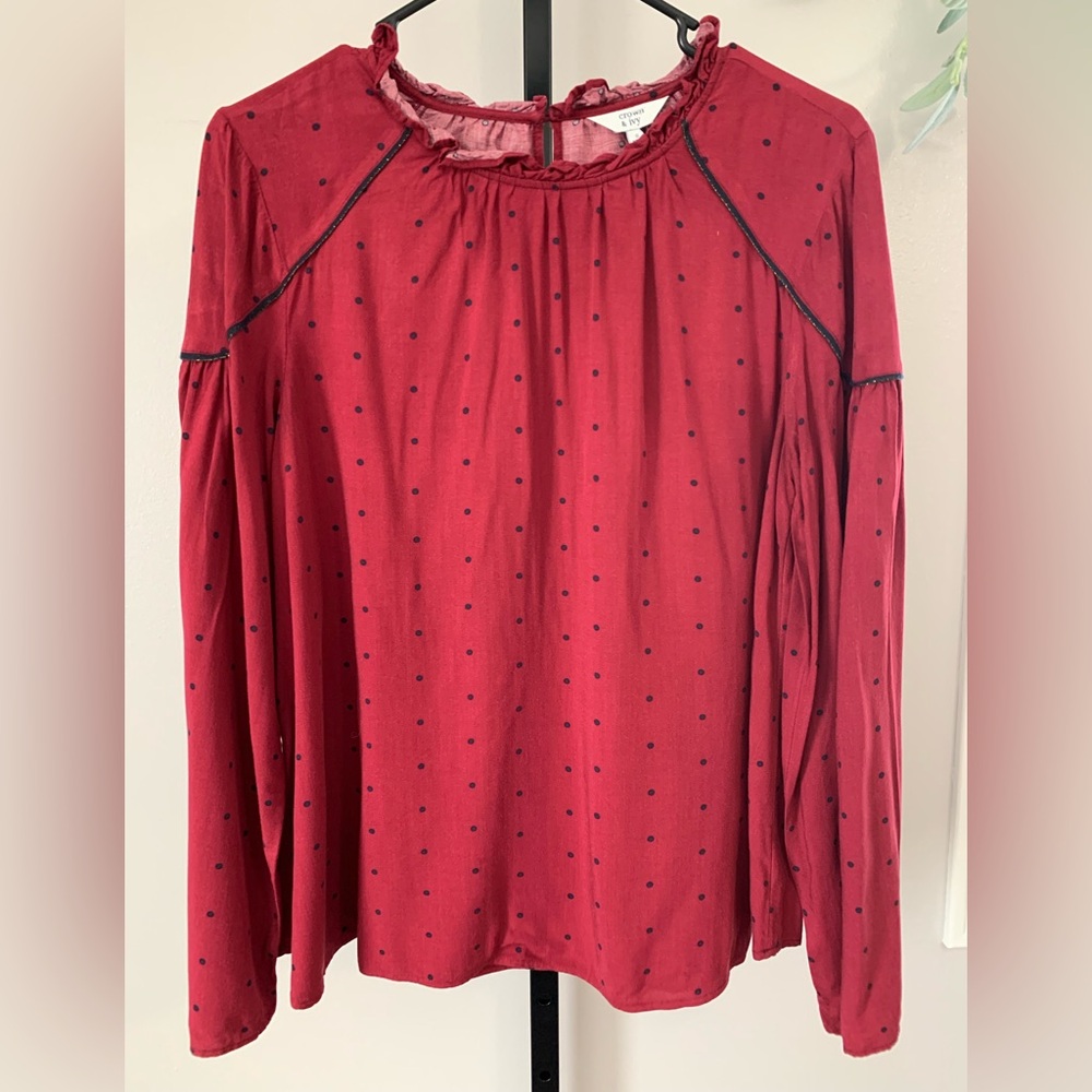 Crown & Ivy Maroon Blouse with Navy Dots and Trim - Picture 3 of 16